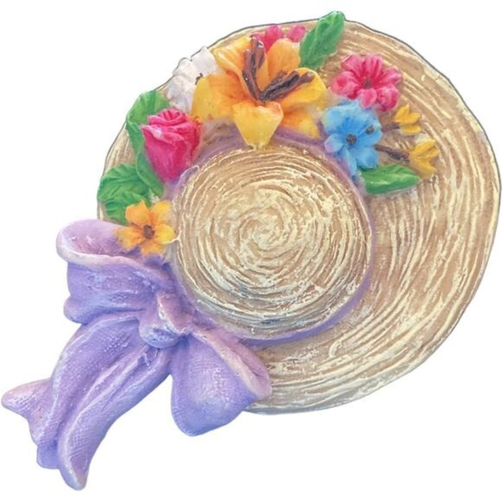 Vintage Floral Straw Hat Brooch With Purple Bow & Colorful Flowers - Picture 1 of 4